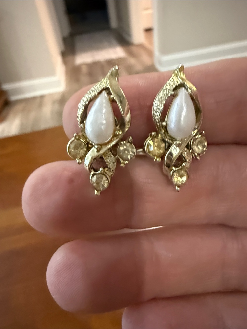 Gold-Tone Teardrop Pearl Clip-On Earrings with Champagne Stones